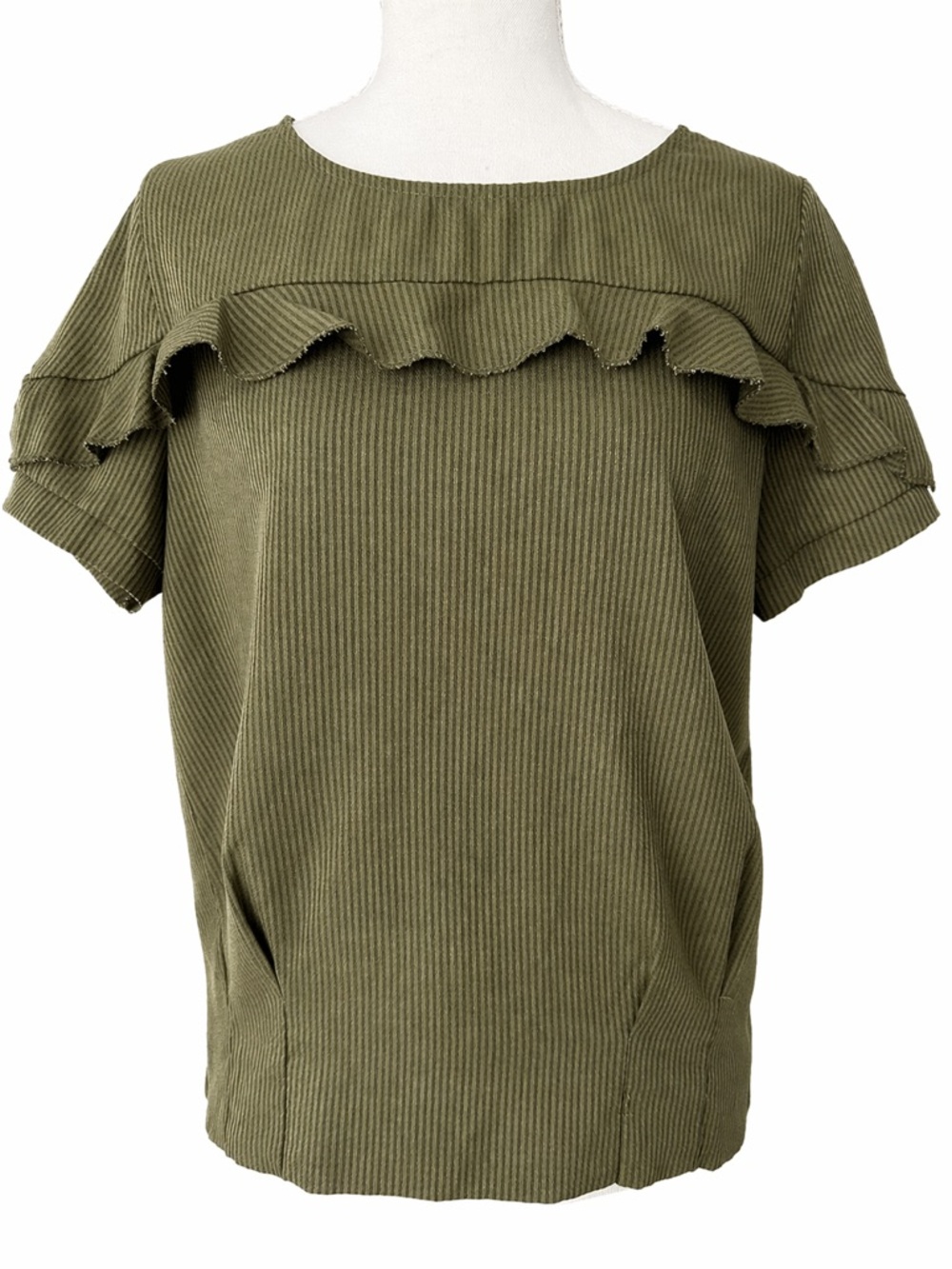Ruffled Olive Green Short Sleeve Ribbed Top